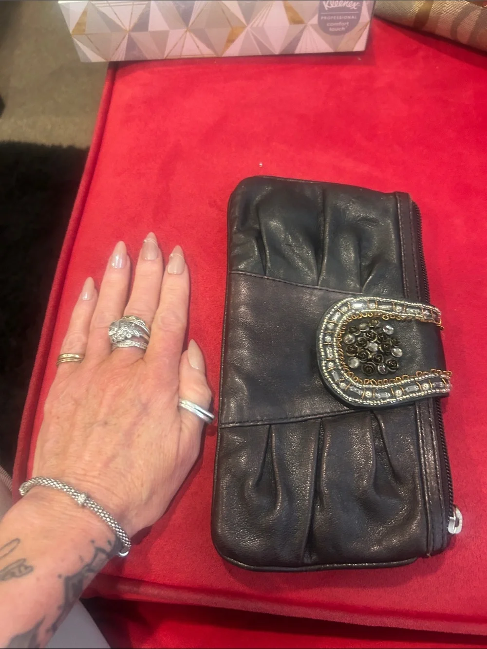 Fossil Black Leather Wristlet Clutch with Jeweled Flap